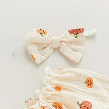 brilliantme Newborn Infant Baby Girl Halloween Outfit Cute Pumpkin Romper Long Sleeve Bodysuit Headband 2Pcs Clothes Set (A- Beige, 0-6 Months)