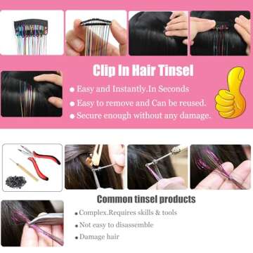 YOOONXI 12Pcs Hair Tinsel Clip in 19.6Inch Glitter Tinsel Hair Extensions Clip in Hair Tinsel Kit Heat Resistant Shiny Sparkle Fairy Hair Accessories for Women Girls Kids (Silver)