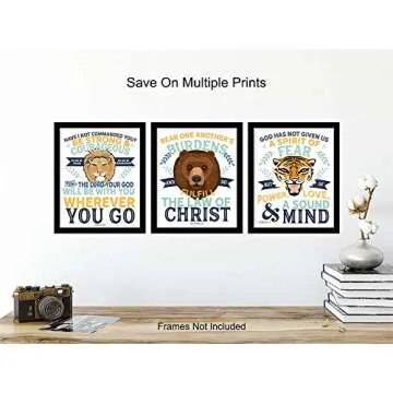 Religious Educational Christian Home Decor Wall Art Set - Scripture Bible Verse Quotes - Jungle Animals Decorations for Boys Bedroom, Kids Room, Sunday School, Church - Inspirational Motivational