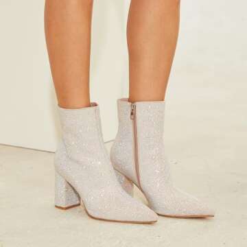 MISSMILLER Rhinestone Chunky Heel Ankle Boots for Women