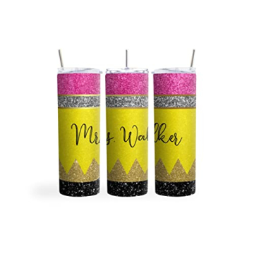 20oz Personalized Teacher Pencil Design Tumbler - Insulated Stainless Steel Cup with Straw