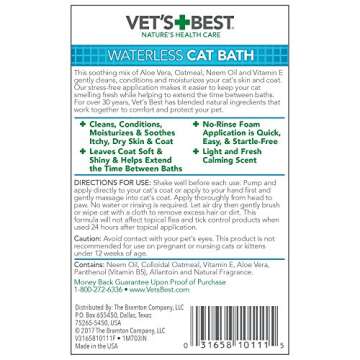 Vet's Best Waterless Cat Bath | No Rinse Waterless Dry Shampoo for Cats | Veterinarian Formulated | 4 Ounces,Green