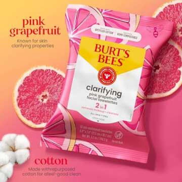 Burt's Bees Pink Grapefruit Face Wipes, for All Skin Types, Hydrating Makeup Remover & Facial Cleansing Towelettes, 30 Ct. (3-Pack)
