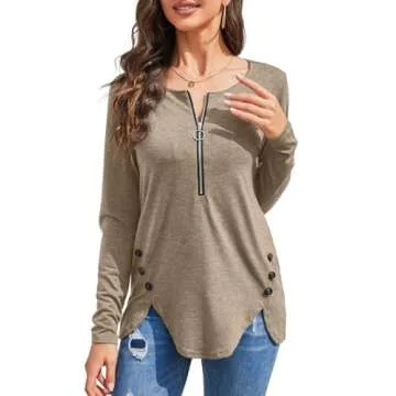 Women's Casual Long Sleeve Tunic Shirts Zipper V Neck Button Side Blouses Tops