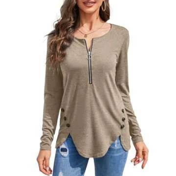 Women's Casual Long Sleeve Tunic Shirts Zipper V Neck Button Side Blouses Tops