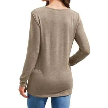 Women's Casual Long Sleeve Tunic Shirts Zipper V Neck Button Side Blouses Tops