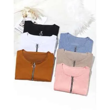 Women's Casual Long Sleeve Tunic Shirts Zipper V Neck Button Side Blouses Tops