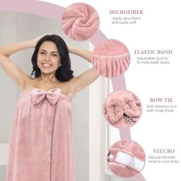 KOIKEY Hair Towel Women Bath Wrap - Adjustable Microfiber Super Absorbent to Quick Drying Hair and Body for Gym, Spa, Sauna and Shower After Body Cover, Pink