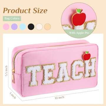 Kacctyen 6 Pcs Teacher Appreciation Gifts Teacher Bag Bulk Chenille Letter Bag Letter Patch with 6 Pcs Preppy Teacher Apple Pins for Women School Retirement Birthday