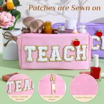 Kacctyen 6 Pcs Teacher Appreciation Gifts Teacher Bag Bulk Chenille Letter Bag Letter Patch with 6 Pcs Preppy Teacher Apple Pins for Women School Retirement Birthday