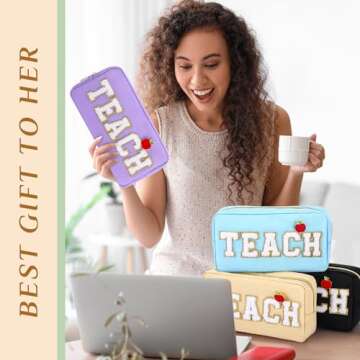 Kacctyen 6 Pcs Teacher Appreciation Gifts Teacher Bag Bulk Chenille Letter Bag Letter Patch with 6 Pcs Preppy Teacher Apple Pins for Women School Retirement Birthday