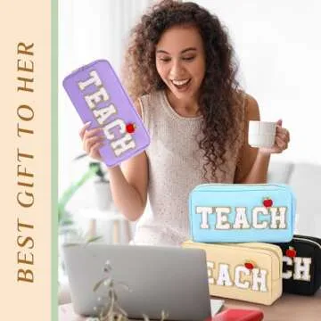 Kacctyen 6 Pcs Teacher Appreciation Gifts Teacher Bag Bulk Chenille Letter Bag Letter Patch with 6 Pcs Preppy Teacher Apple Pins for Women School Retirement Birthday