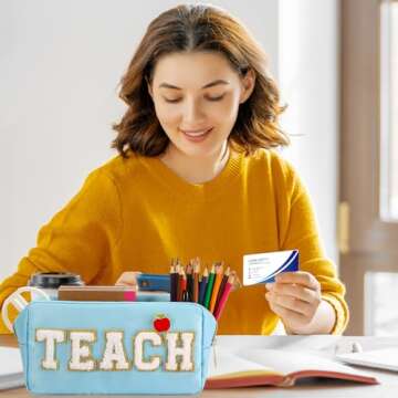 Kacctyen 6 Pcs Teacher Appreciation Gifts Teacher Bag Bulk Chenille Letter Bag Letter Patch with 6 Pcs Preppy Teacher Apple Pins for Women School Retirement Birthday