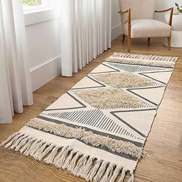 LEEVAN Boho Kitchen Runner Rug 2'x4.3' Cotton Tufted Geometric Rugs with Tassels Chic Diamond Farmho...