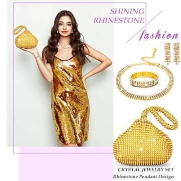 Mixweer 4 Pieces Clutch Purses Bag for Women Evening Rhinestone Jewelry Set Bling Necklace Earrings Bracelets Set for Wedding (Delicate Style)