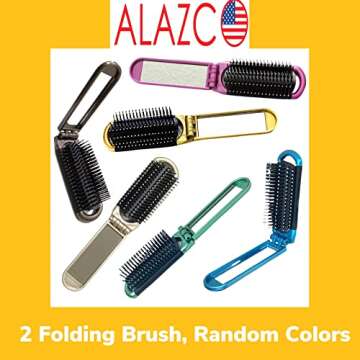 ALAZCO 2 Assorted Colors Folding Hair Brush With Mirror Compact Pocket Size Travel Car Gym Bag Purse Locker Swimming Camping Sleepover Gift and more