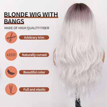 ORSUNCER Long Wavy Wigs with Bangs for Women Ombre Wig Synthetic Wavy Hair wigs for black white women for Daily Party 26 Inches Ombre White