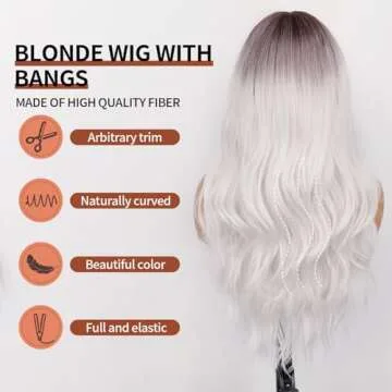ORSUNCER Long Wavy Wigs with Bangs for Women Ombre Wig Synthetic Wavy Hair wigs for black white women for Daily Party 26 Inches Ombre White