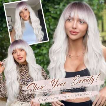ORSUNCER Long Wavy Wigs with Bangs for Women Ombre Wig Synthetic Wavy Hair wigs for black white women for Daily Party 26 Inches Ombre White
