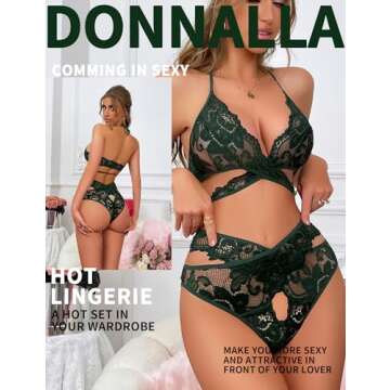Donnalla Women Sexy Lingerie Set Two Piece Lace Bra and Panty Set Babydoll Sleepwear, Dark Green, X-...