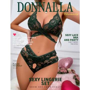 Donnalla Women Sexy Lingerie Set Two Piece Lace Bra and Panty Set Babydoll Sleepwear, Dark Green, X-Large