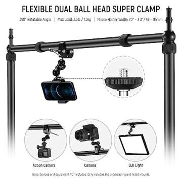 NEEWER Overhead Camera Mount Rig with 2 Ball Heads, Super Clamp/Mobile Phone Holder/Camera Desk Mount, Multi Device Mount, Platform Overhead Tripod, Adjustable Height Width, Max Load 12 kg, NK002