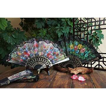 HUNANBANG 1 Dozen 12 Pieces Folding Hand Fans Church Wedding Gift, Party Favors, DIY Decoration Gift Size9 Wholesale 12pack (Flower)