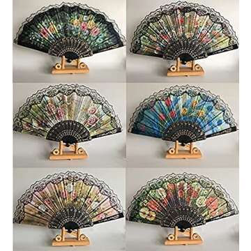 HUNANBANG 1 Dozen 12 Pieces Folding Hand Fans Church Wedding Gift, Party Favors, DIY Decoration Gift Size9 Wholesale 12pack (Flower)