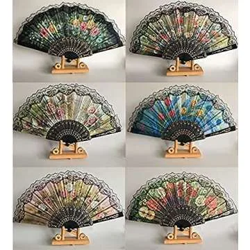 HUNANBANG 1 Dozen 12 Pieces Folding Hand Fans Church Wedding Gift, Party Favors, DIY Decoration Gift Size9 Wholesale 12pack (Flower)