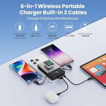 Magnetic Portable Charger 10800mAh for iPhone with Built-in Cables