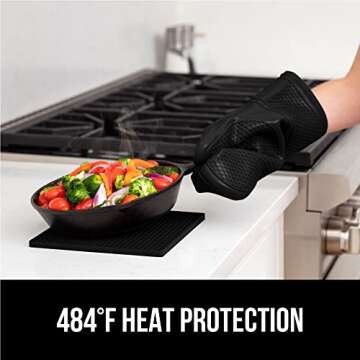 Gorilla Grip BPA-Free Soft Silicone Oven Mitts and Potholder Set of 4, Heat Resistant Hot Pads, Thick Cotton Lined Cooking Mitt, Long Gloves Protect Hands, Kitchen Waterproof Trivet Mats, 12.5" Black