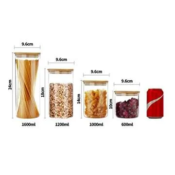 SIXAQUAE Glass Food Storage Containers Jar Seal Bamboo Lids 4 Packs 1000ml Airtight Canister Organiz...