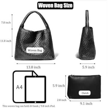 2025 Woven Leather Tote Bag with Purse, Large Capacity Soft Woven Bag Leather Shoulder Women Weekender Bag Shopper Handbag Travel Shoulder Bag (Black)