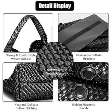 2025 Woven Leather Tote Bag with Purse, Large Capacity Soft Woven Bag Leather Shoulder Women Weekender Bag Shopper Handbag Travel Shoulder Bag (Black)