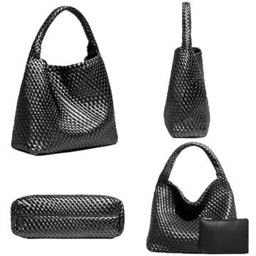 2025 Woven Leather Tote Bag with Purse, Large Capacity Soft Woven Bag Leather Shoulder Women Weekender Bag Shopper Handbag Travel Shoulder Bag (Black)