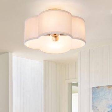 Modern Flush Mount Ceiling Light Fixture Farmhouse White Fabric Semi Ceiling Lamps with Gold 4 Light...
