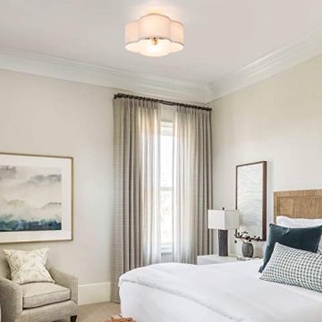 Modern Flush Mount Ceiling Light Fixture Farmhouse White Fabric Semi Ceiling Lamps with Gold 4 Lights Drum Shade for Bedroom Dining Room Entryway Hallway Nursery