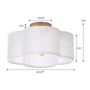 Modern Flush Mount Ceiling Light Fixture Farmhouse White Fabric Semi Ceiling Lamps with Gold 4 Lights Drum Shade for Bedroom Dining Room Entryway Hallway Nursery