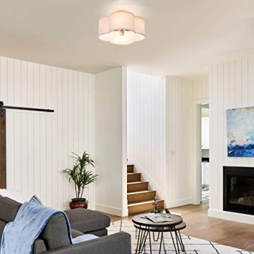 Modern Flush Mount Ceiling Light Fixture Farmhouse White Fabric Semi Ceiling Lamps with Gold 4 Lights Drum Shade for Bedroom Dining Room Entryway Hallway Nursery