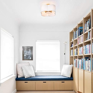 Modern Flush Mount Ceiling Light Fixture Farmhouse White Fabric Semi Ceiling Lamps with Gold 4 Lights Drum Shade for Bedroom Dining Room Entryway Hallway Nursery