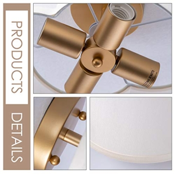 Modern Flush Mount Ceiling Light Fixture Farmhouse White Fabric Semi Ceiling Lamps with Gold 4 Lights Drum Shade for Bedroom Dining Room Entryway Hallway Nursery