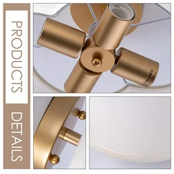 Modern Flush Mount Ceiling Light Fixture Farmhouse White Fabric Semi Ceiling Lamps with Gold 4 Lights Drum Shade for Bedroom Dining Room Entryway Hallway Nursery