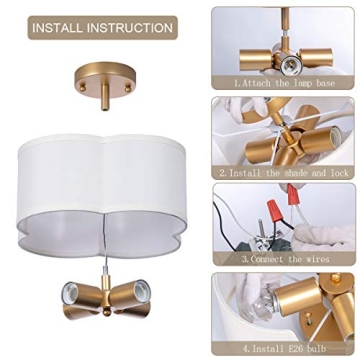 Modern Flush Mount Ceiling Light Fixture Farmhouse White Fabric Semi Ceiling Lamps with Gold 4 Lights Drum Shade for Bedroom Dining Room Entryway Hallway Nursery