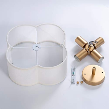 Modern Flush Mount Ceiling Light Fixture Farmhouse White Fabric Semi Ceiling Lamps with Gold 4 Lights Drum Shade for Bedroom Dining Room Entryway Hallway Nursery