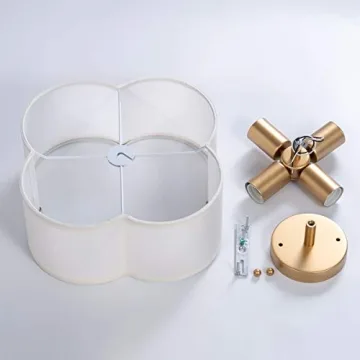 Modern Flush Mount Ceiling Light Fixture Farmhouse White Fabric Semi Ceiling Lamps with Gold 4 Lights Drum Shade for Bedroom Dining Room Entryway Hallway Nursery