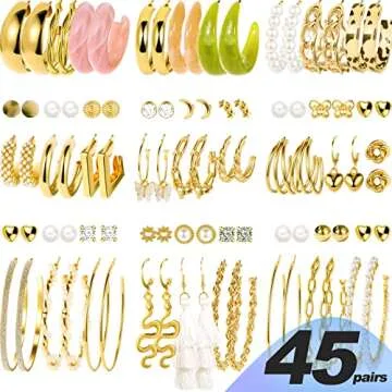 45 Pairs Gold Hoop Earrings for Women, Chunky Twisted Small Big Hoops Earring Packs Set, Earrings fo...