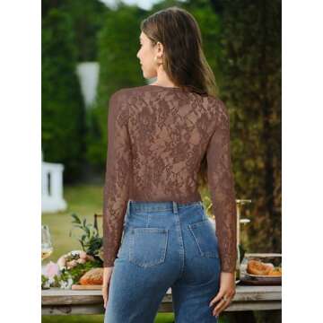 AGECODE Women's Sexy Open Front Tie Long Sleeve Ruffle Trim Sheer Mesh Lace Crop Tops Blouses Brown ...