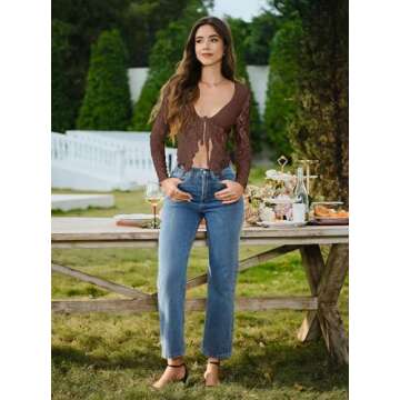 AGECODE Women's Sexy Open Front Tie Long Sleeve Ruffle Trim Sheer Mesh Lace Crop Tops Blouses Brown X-Small