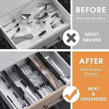 Ryqtop Bamboo Drawer Dividers Organizers, Kitchen Drawer Organizer, Adjustable Drawer Divider for Cl...