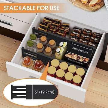 Ryqtop Bamboo Drawer Dividers Organizers, Kitchen Drawer Organizer, Adjustable Drawer Divider for Clothes, Kitchen, Dresser, Bedroom, Bathroom and Office, 4-Pack (Black, 12-17 IN)